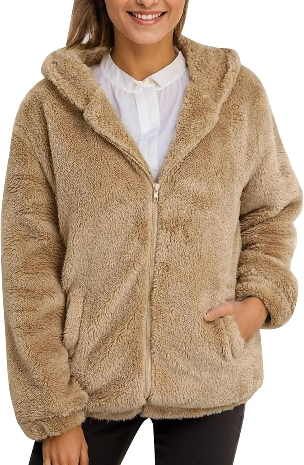 2023 Women Fleece Coats Trendy Winter Warm Jackets Comfort Soft Lightweight Fashion Fuzzy Outerwear Plus Size Zipper Hoodies