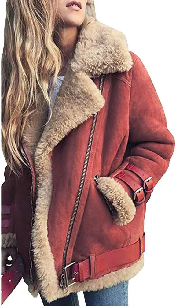 2023 Women's Winter Coats Plus Size Fleece Warm Jackets Trendy Cropped Fuzzy Soft Outerwear Stylish Motor Biker Windbreaker