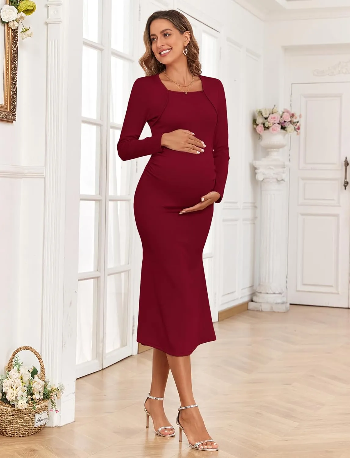 2024 Fall Square Neck Mermaid Maternity Dress Faux Two-Piece Long Sleeve Bodycon Pregnancy Dress