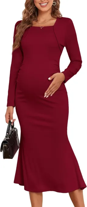 2024 Fall Square Neck Mermaid Maternity Dress Faux Two-Piece Long Sleeve Bodycon Pregnancy Dress