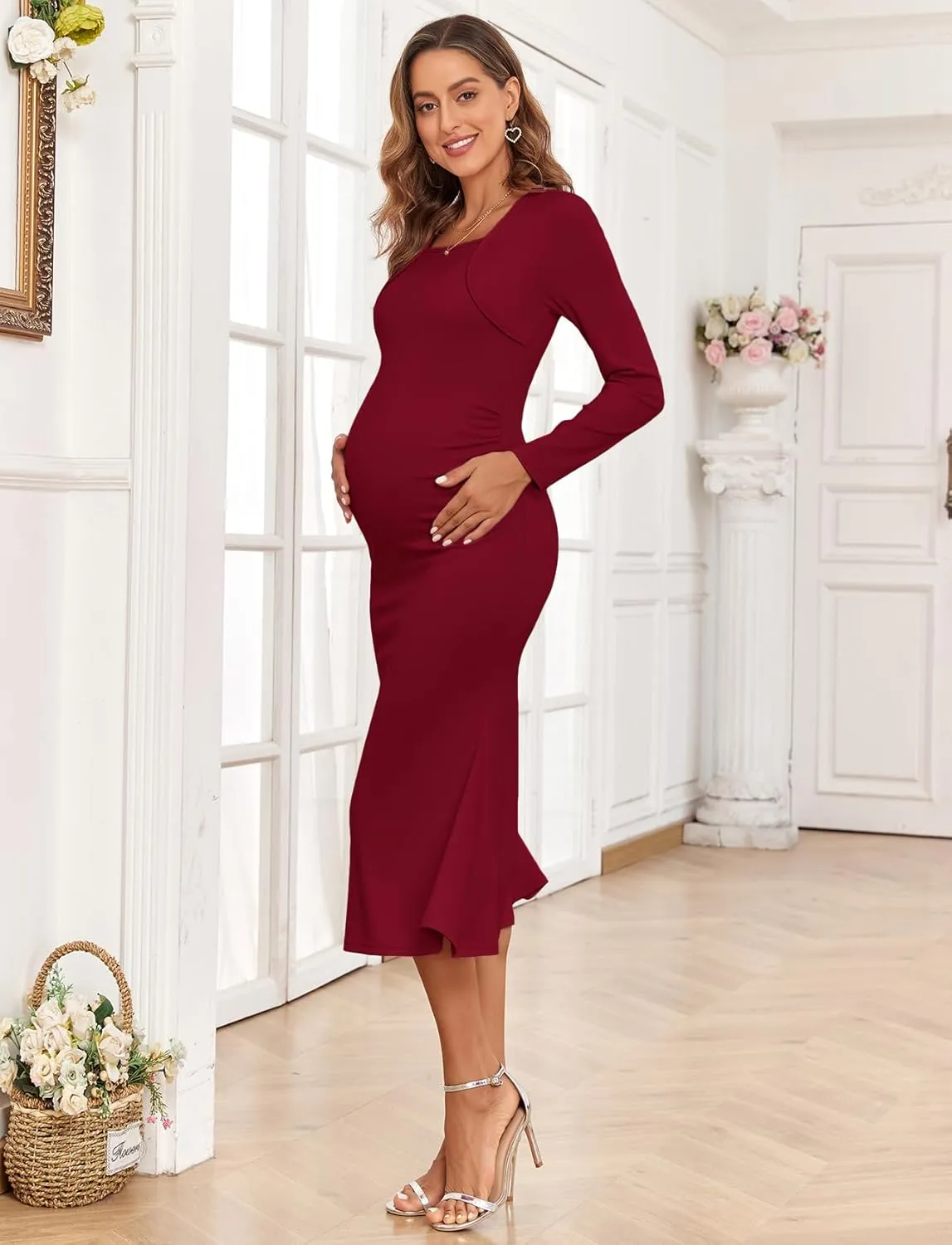 2024 Fall Square Neck Mermaid Maternity Dress Faux Two-Piece Long Sleeve Bodycon Pregnancy Dress