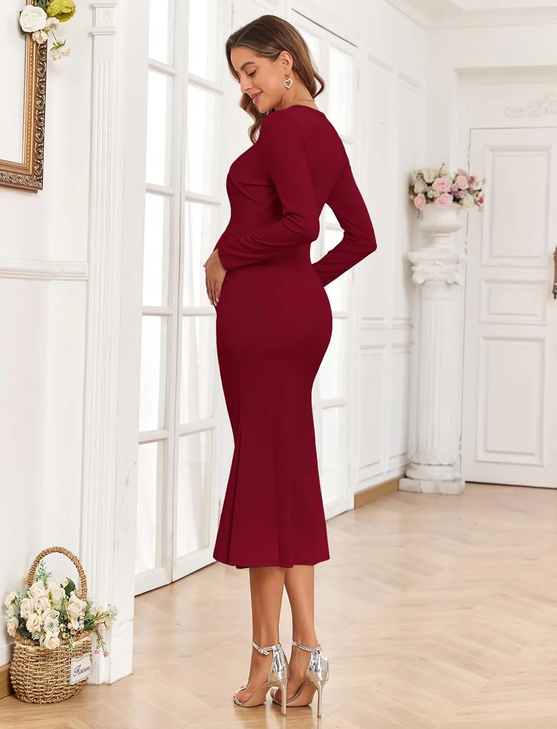 2024 Fall Square Neck Mermaid Maternity Dress Faux Two-Piece Long Sleeve Bodycon Pregnancy Dress