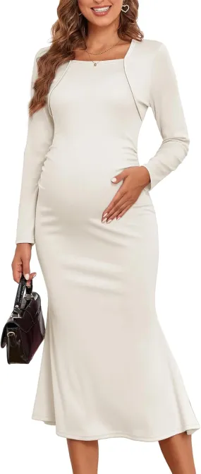2024 Fall Square Neck Mermaid Maternity Dress Faux Two-Piece Long Sleeve Bodycon Pregnancy Dress