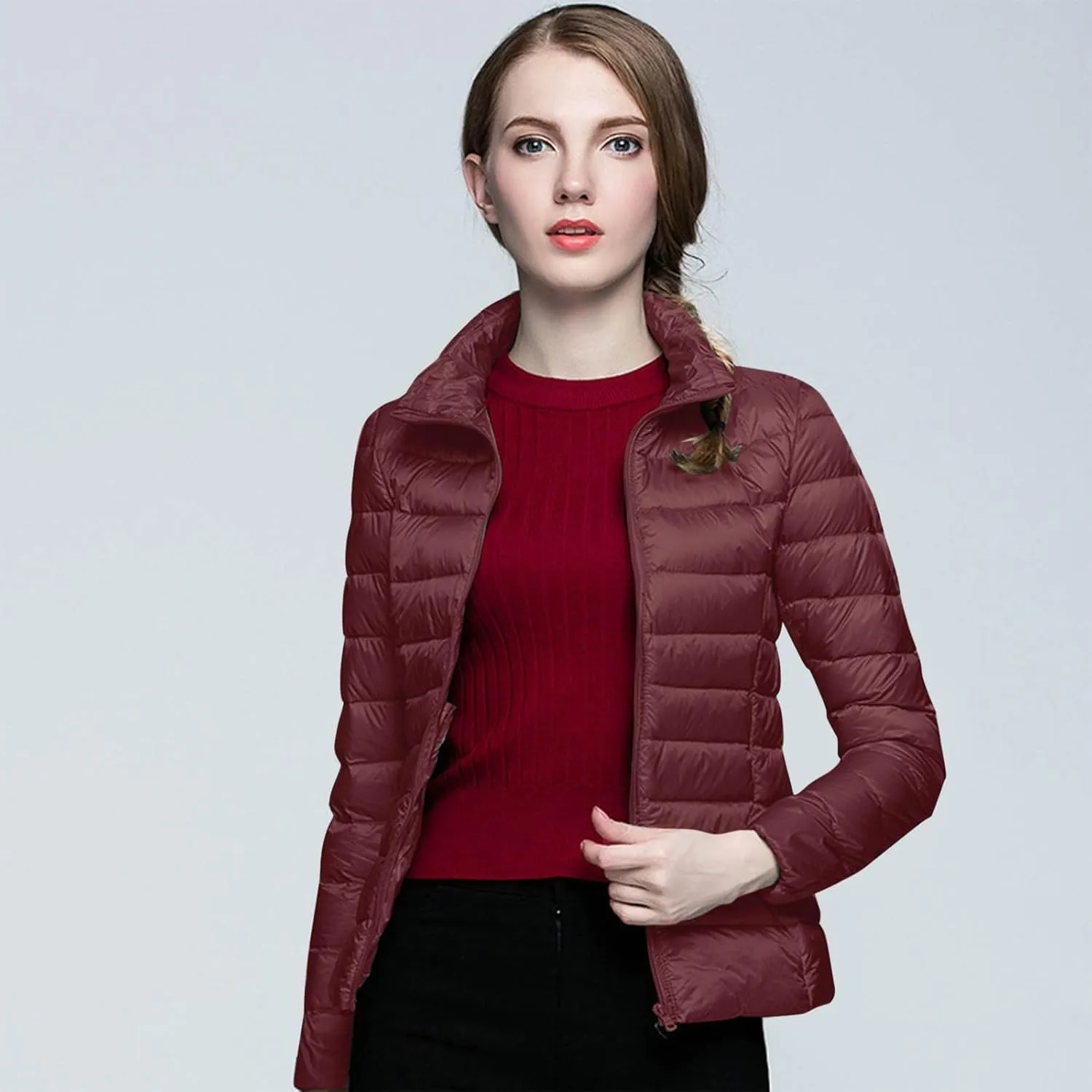 2024 Women's Packable Puffer Jacket Lightweight Warm Duck Down Short Quilted Coat Stand Collar Slim Fit Down Puffer