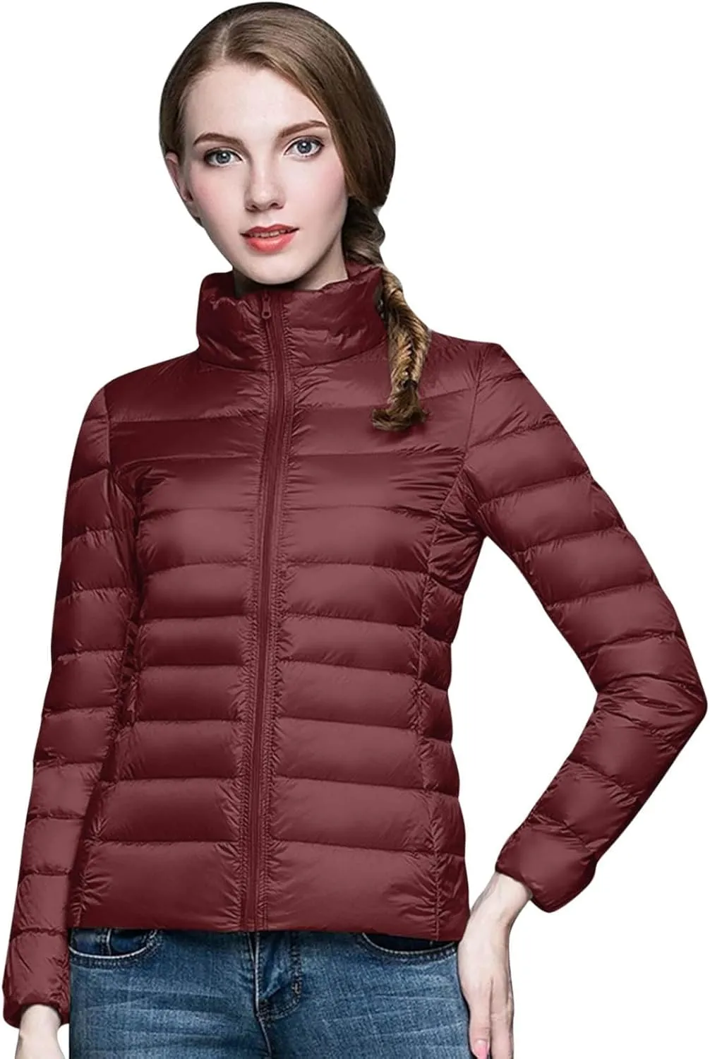 2024 Women's Packable Puffer Jacket Lightweight Warm Duck Down Short Quilted Coat Stand Collar Slim Fit Down Puffer