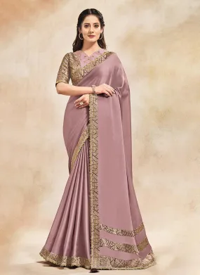 Admiring Silk Base Mauve Color Saree With Sequins Work And V Neck Blouse