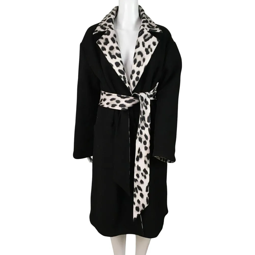 Alice   Olivia Women’s Leopard Print Reversible Belted Coat Black Multi Sz M/L