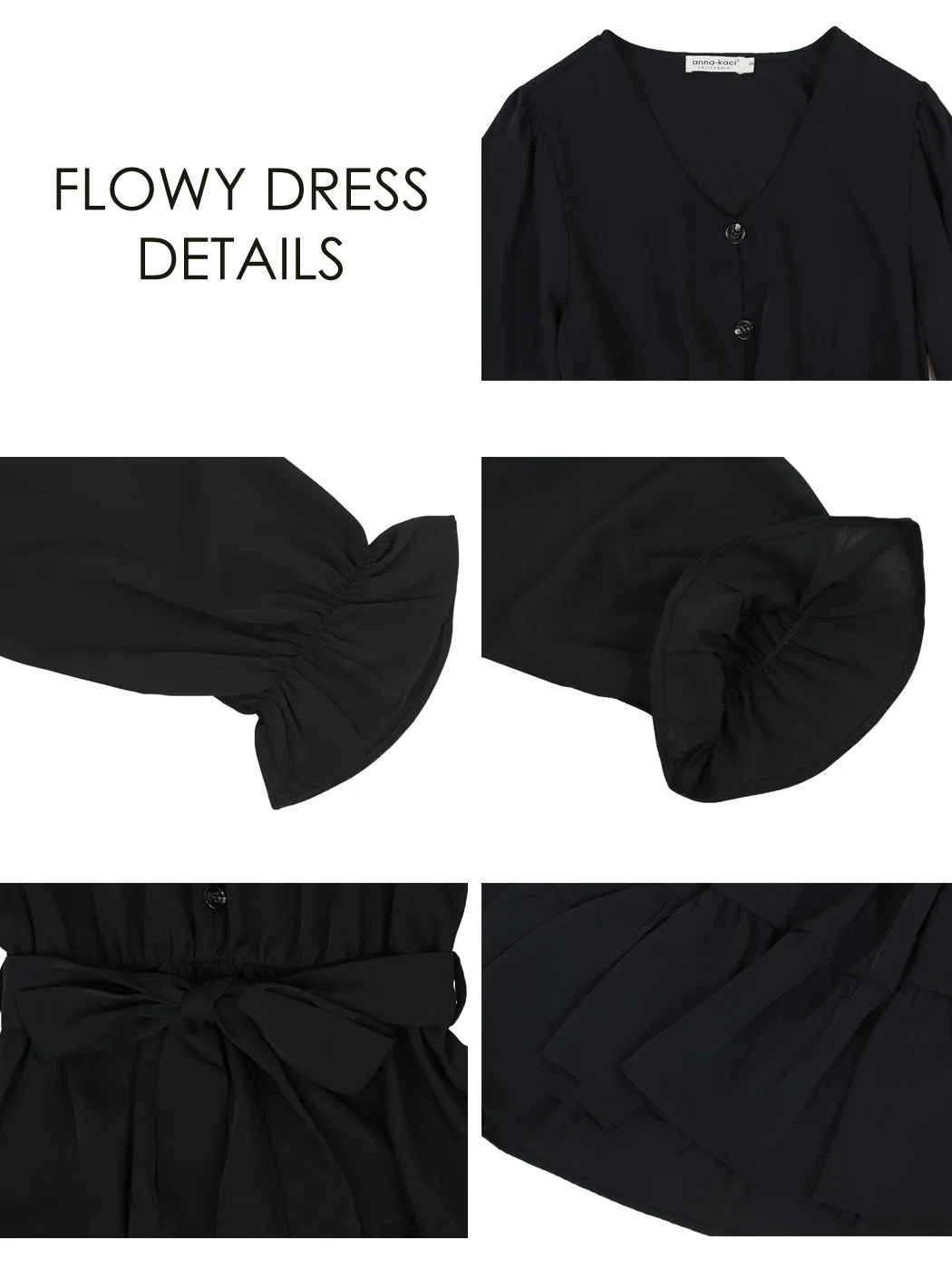 Anna-Kaci Women's Ruffle Chiffon V-Neck Long Elastic Bell Sleeves Beltd Midi Flowy Swing Skater Dress