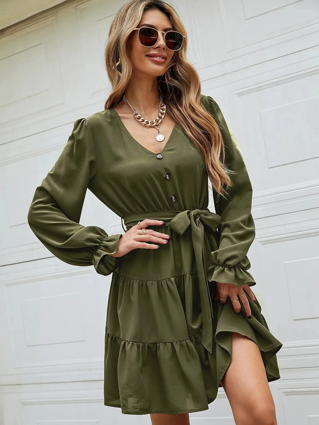 Anna-Kaci Women's Ruffle Chiffon V-Neck Long Elastic Bell Sleeves Beltd Midi Flowy Swing Skater Dress