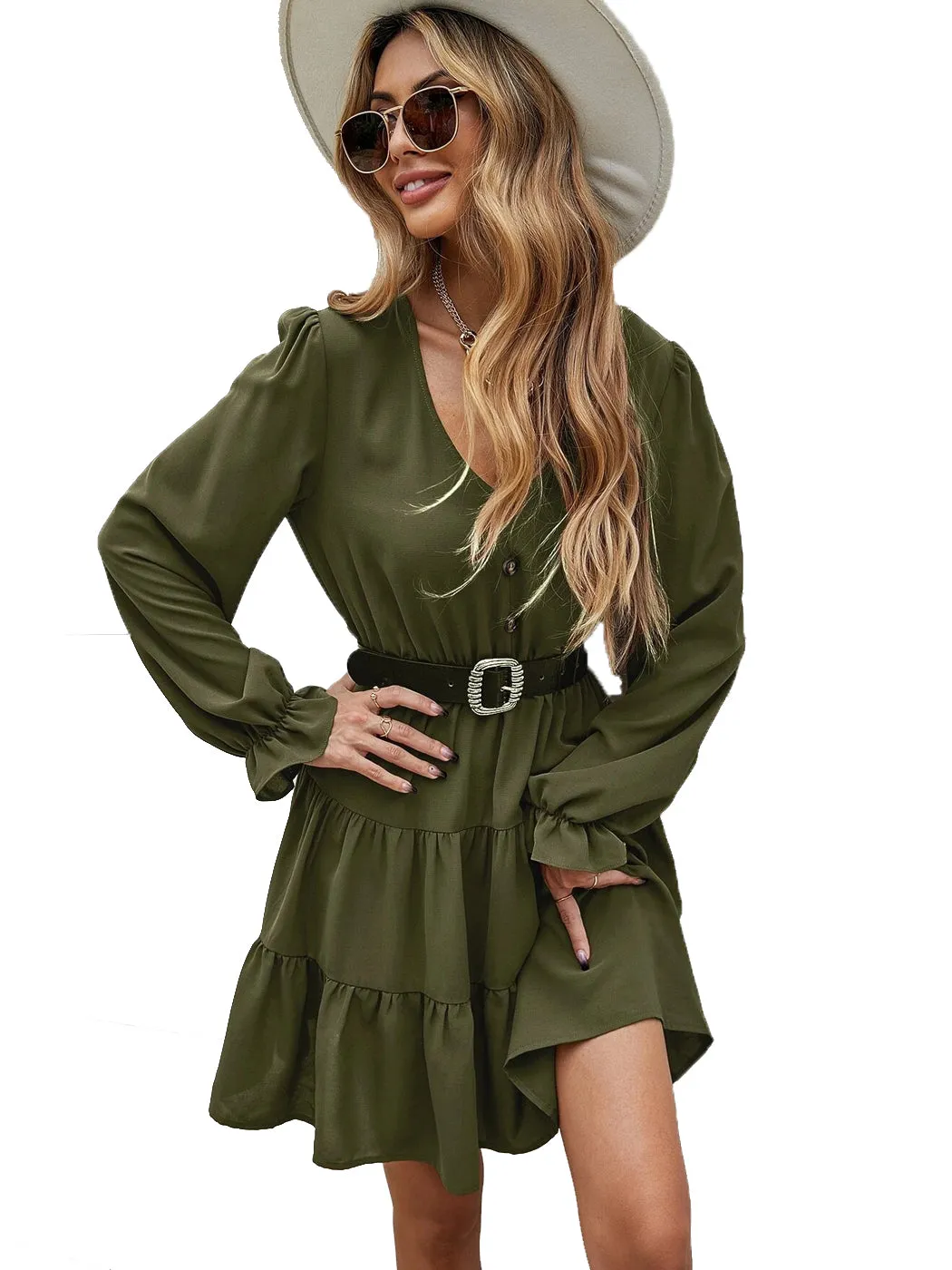 Anna-Kaci Women's Ruffle Chiffon V-Neck Long Elastic Bell Sleeves Beltd Midi Flowy Swing Skater Dress