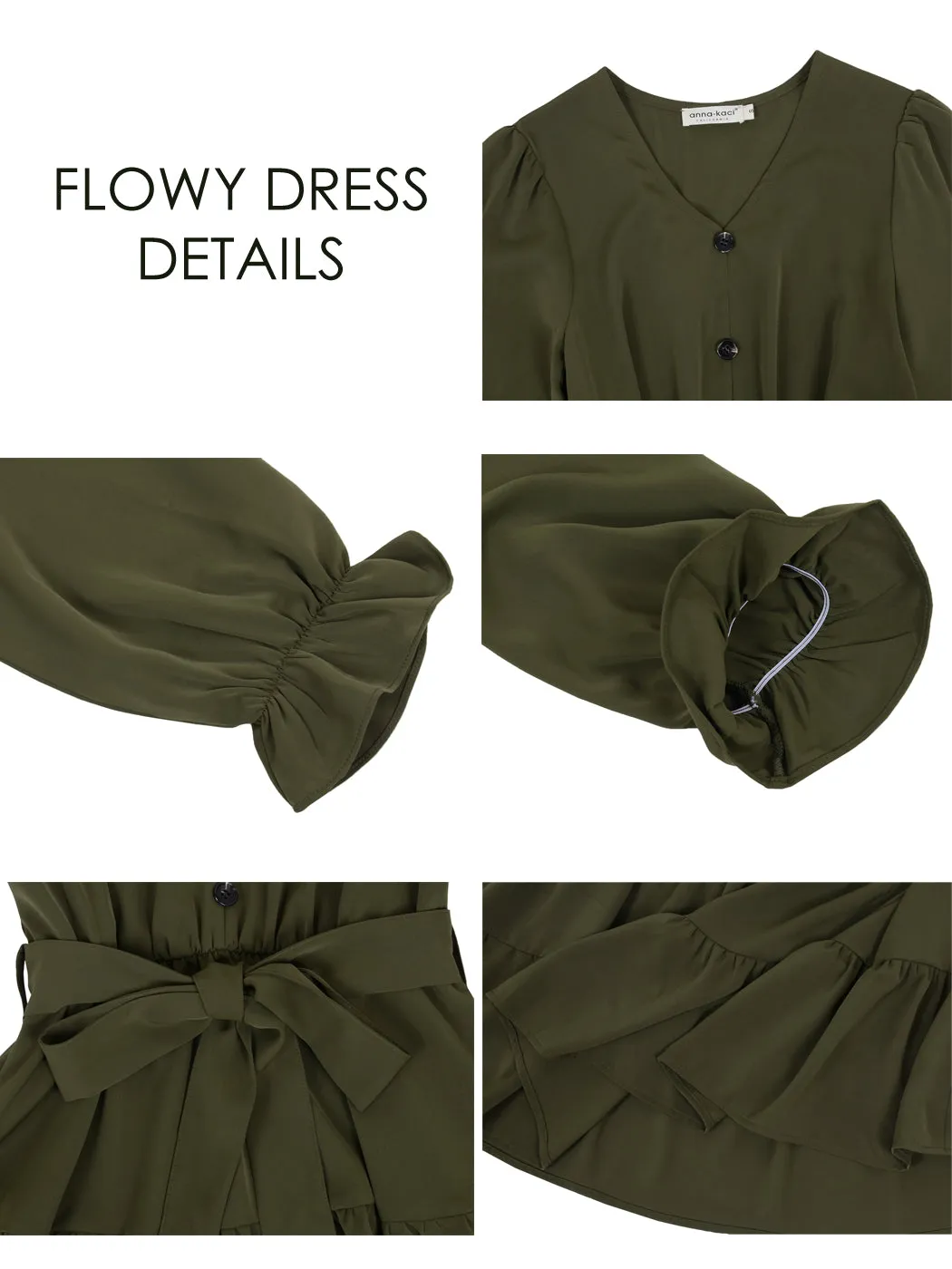 Anna-Kaci Women's Ruffle Chiffon V-Neck Long Elastic Bell Sleeves Beltd Midi Flowy Swing Skater Dress