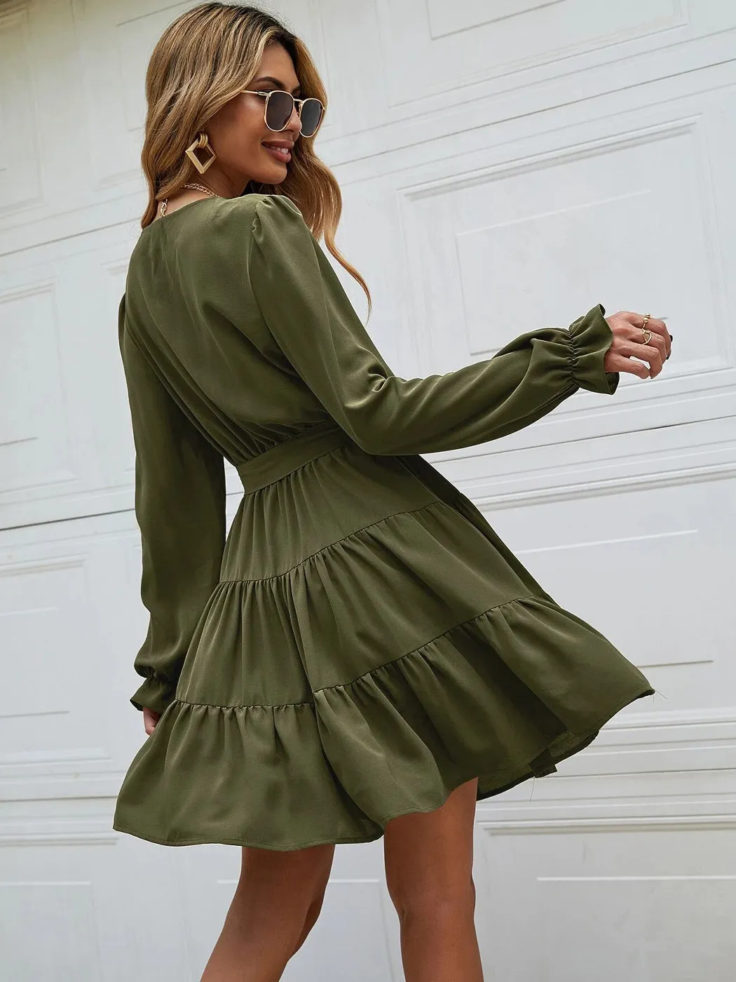 Anna-Kaci Women's Ruffle Chiffon V-Neck Long Elastic Bell Sleeves Beltd Midi Flowy Swing Skater Dress