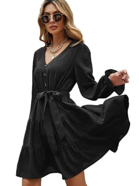 Anna-Kaci Women's Ruffle Chiffon V-Neck Long Elastic Bell Sleeves Beltd Midi Flowy Swing Skater Dress