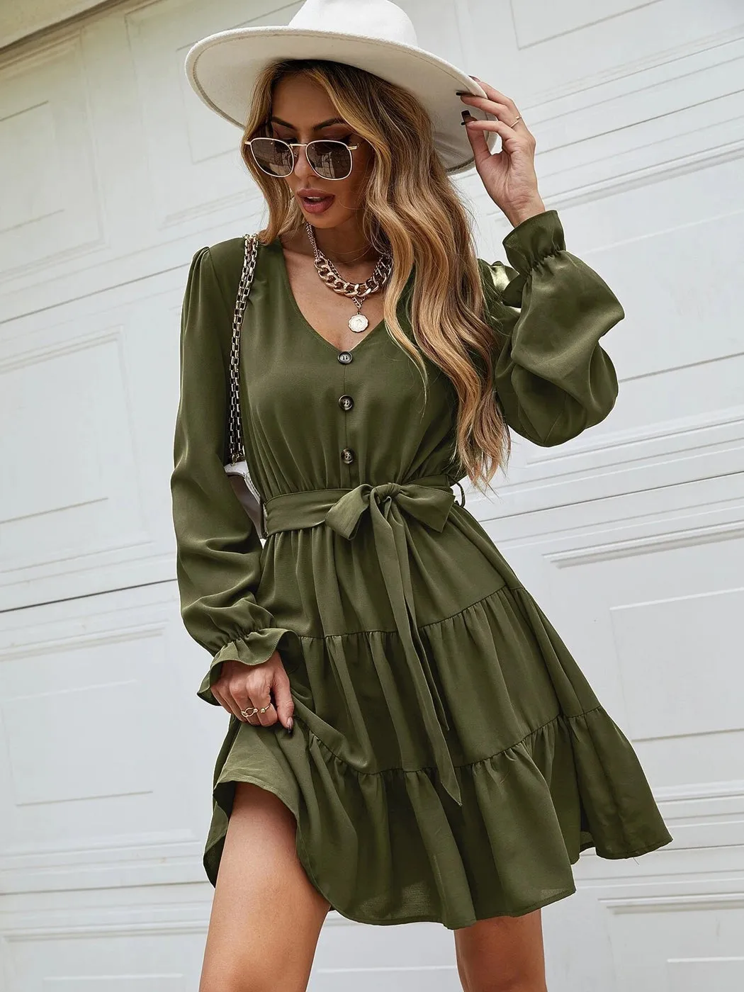 Anna-Kaci Women's Ruffle Chiffon V-Neck Long Elastic Bell Sleeves Beltd Midi Flowy Swing Skater Dress