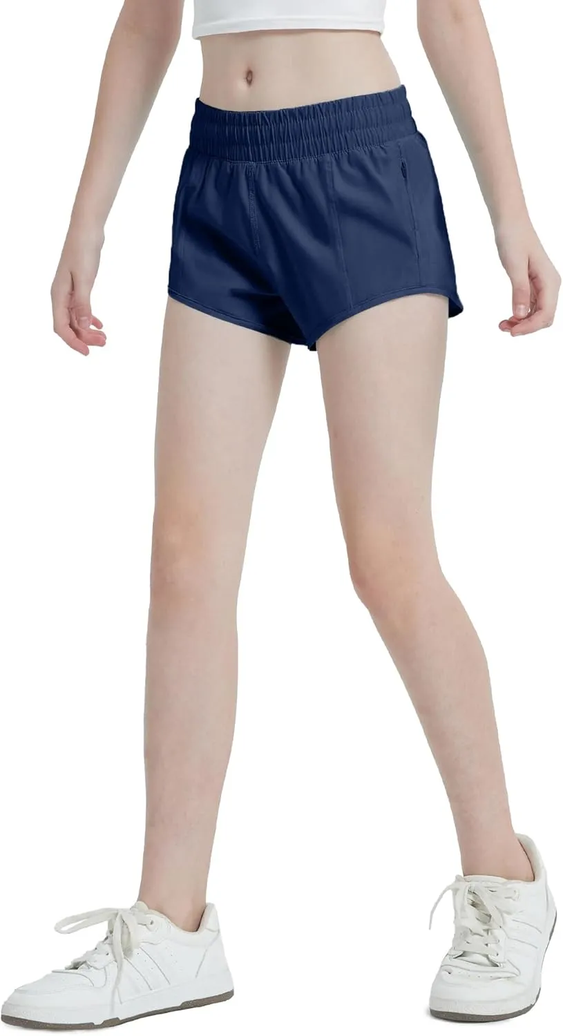 Aurefin Girls Lightweight Athletic Shorts, Quick Dry Running Shorts with Zip Pocket, Workout Sports Short for Teen Kids