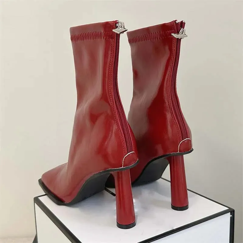 Autumn Cozy Soft PU Leather Ankle Boots Women Elegant Square Toe Stiletto Heels Fashion Zip Ladies Party Modern Shoes