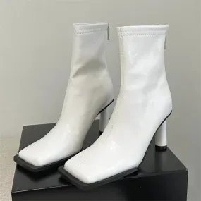 Autumn Cozy Soft PU Leather Ankle Boots Women Elegant Square Toe Stiletto Heels Fashion Zip Ladies Party Modern Shoes