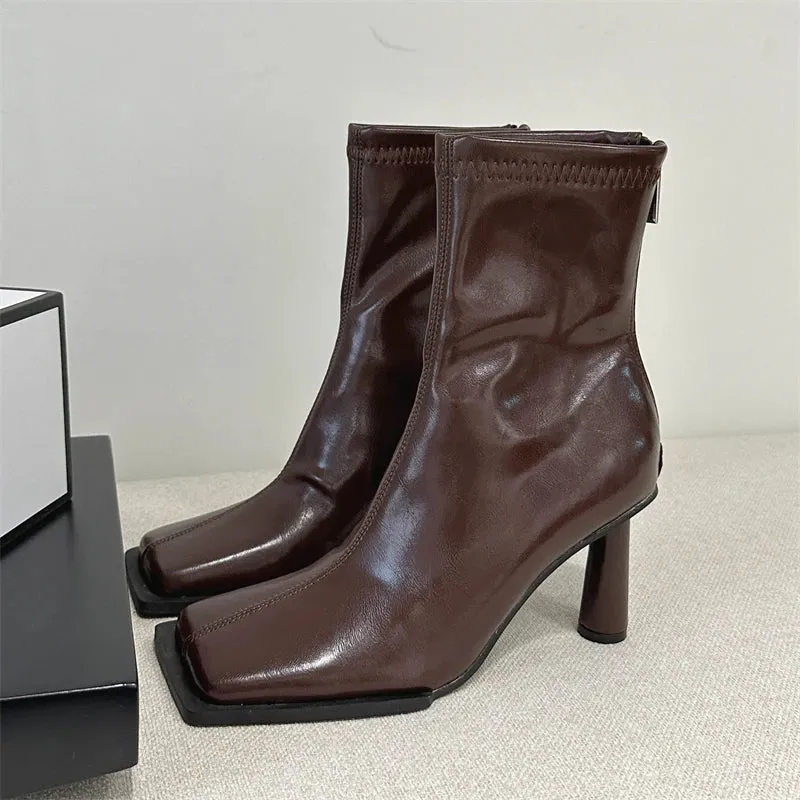 Autumn Cozy Soft PU Leather Ankle Boots Women Elegant Square Toe Stiletto Heels Fashion Zip Ladies Party Modern Shoes