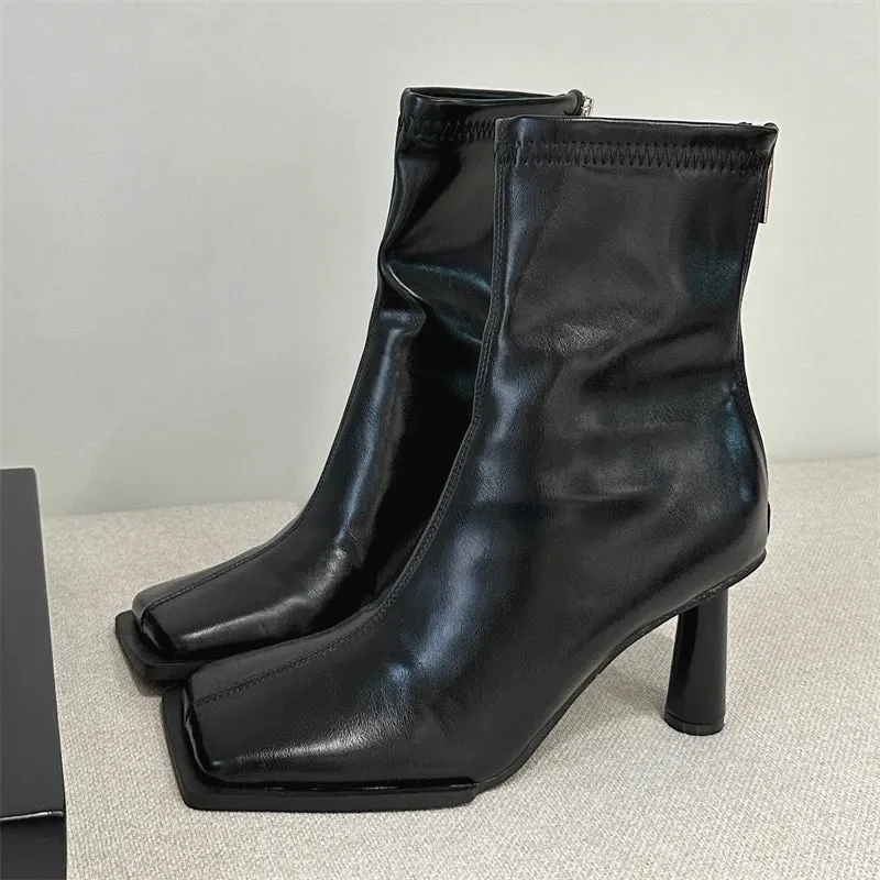 Autumn Cozy Soft PU Leather Ankle Boots Women Elegant Square Toe Stiletto Heels Fashion Zip Ladies Party Modern Shoes