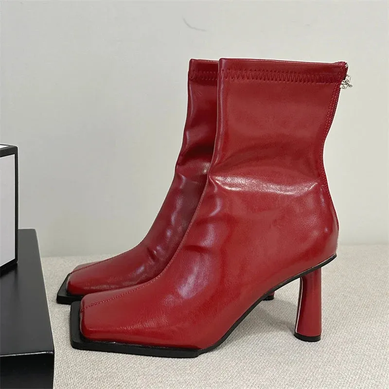 Autumn Cozy Soft PU Leather Ankle Boots Women Elegant Square Toe Stiletto Heels Fashion Zip Ladies Party Modern Shoes