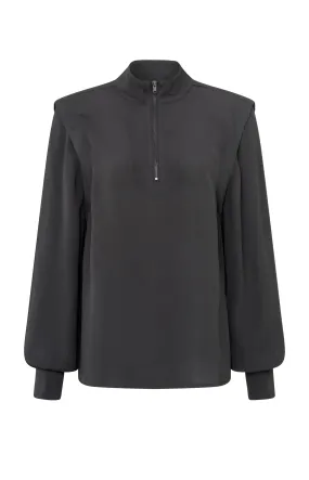 Black blouse with long sleeves, pleats and high turtleneck