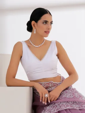 Blouse - White Satin Beaded V-neck Blouse