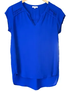 Bright Winter Royal Blue Cap Sleeve Split Neck Blouse