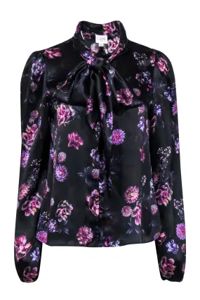 Cami NYC - Black & Purple Floral Print Silk Blouse w/ Neck Tie Sz M