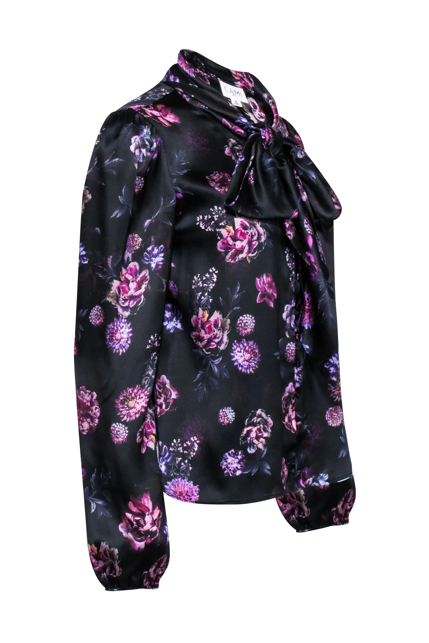 Cami NYC - Black & Purple Floral Print Silk Blouse w/ Neck Tie Sz M
