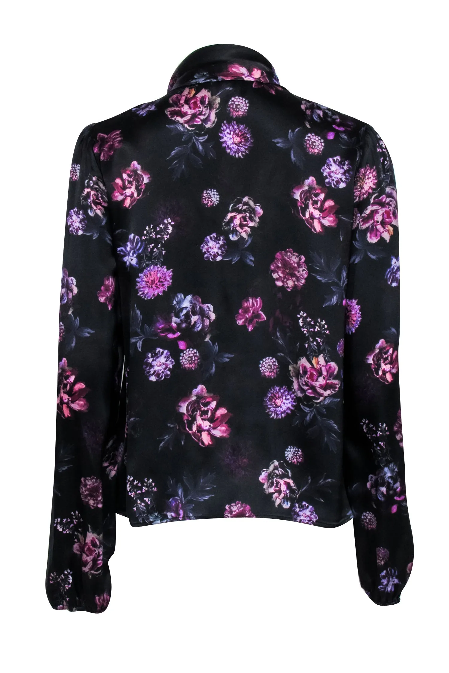 Cami NYC - Black & Purple Floral Print Silk Blouse w/ Neck Tie Sz M