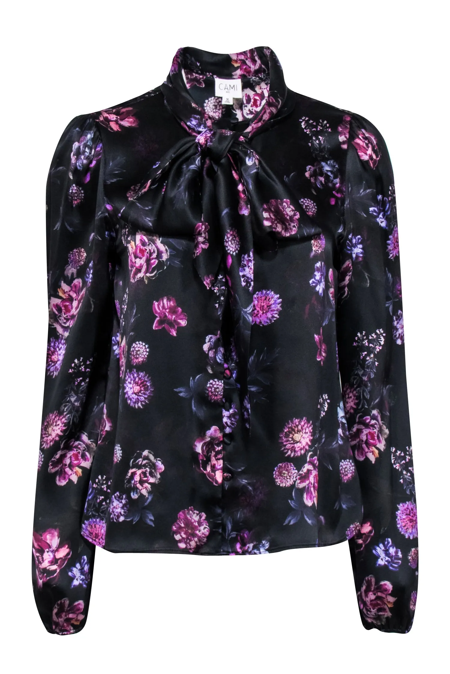 Cami NYC - Black & Purple Floral Print Silk Blouse w/ Neck Tie Sz M