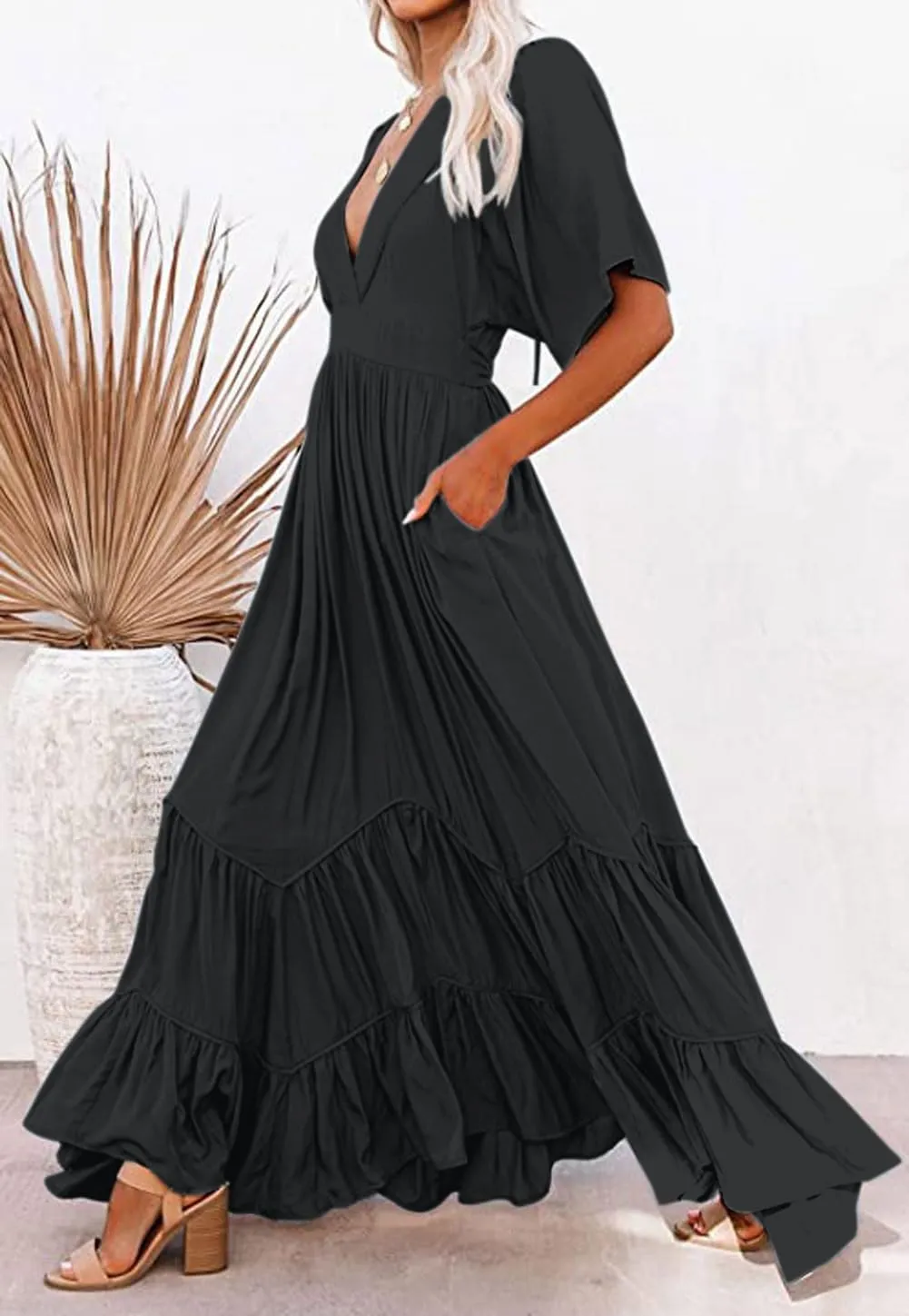 CHARTOU Women's Boho Ruffle Sleeve Flowy Maxi Dress Lace Up Back Tiered Party A Line Dress