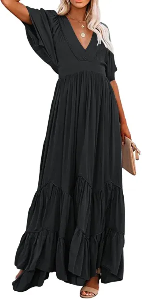 CHARTOU Women's Boho Ruffle Sleeve Flowy Maxi Dress Lace Up Back Tiered Party A Line Dress