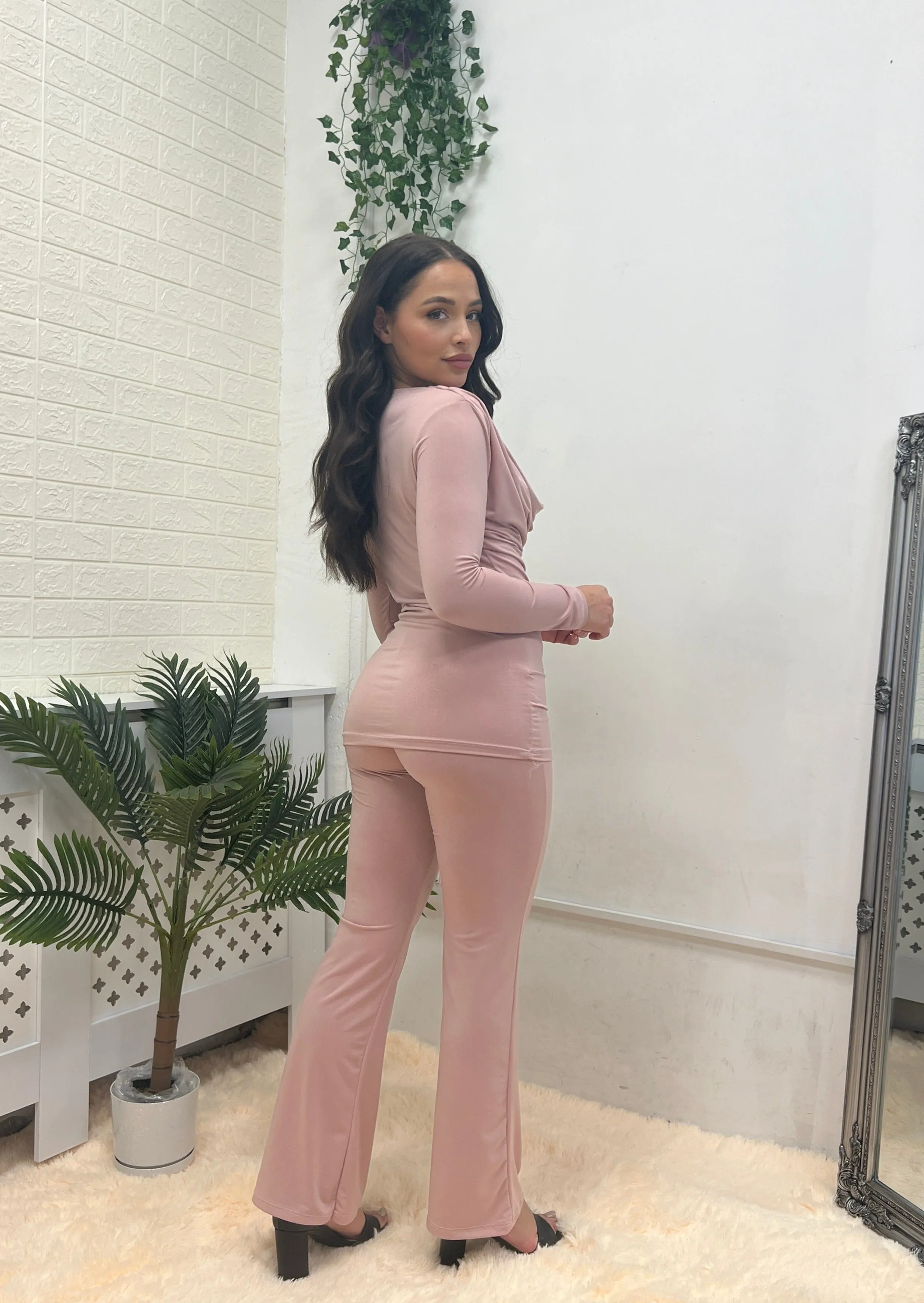 COWL NECK TOP & WIDE LEG TROUSERS PINK LOUNGE SET
