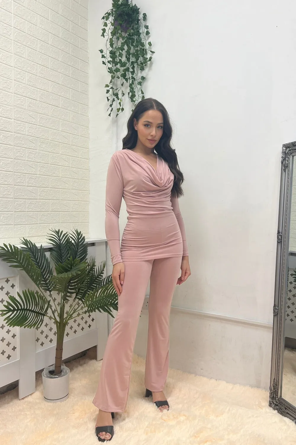 COWL NECK TOP & WIDE LEG TROUSERS PINK LOUNGE SET