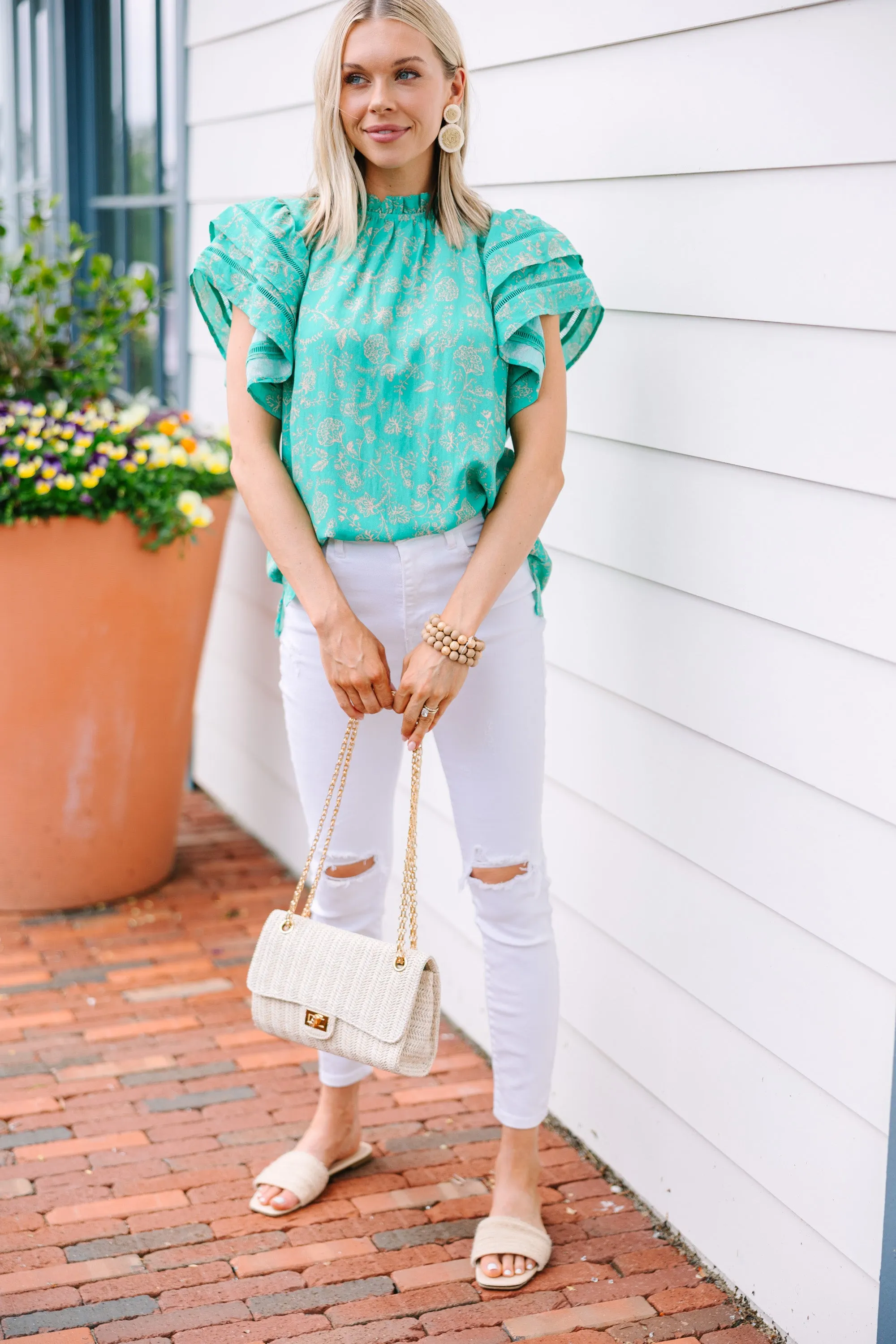Don't Wait Long Turquoise Blue Floral Blouse