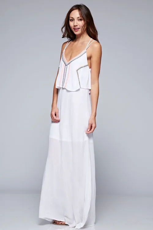 Embroidered Layered Top Cross Back Maxi Dress