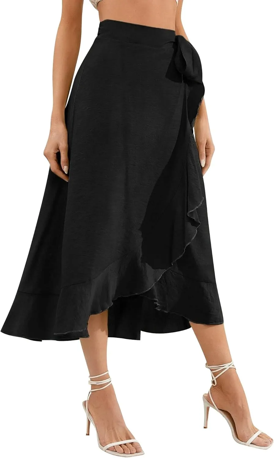 Ezcosplay Women Ruffle Wrap Skirt Tie Waist Boho High Low Asymmetrical Midi Beach Skirt
