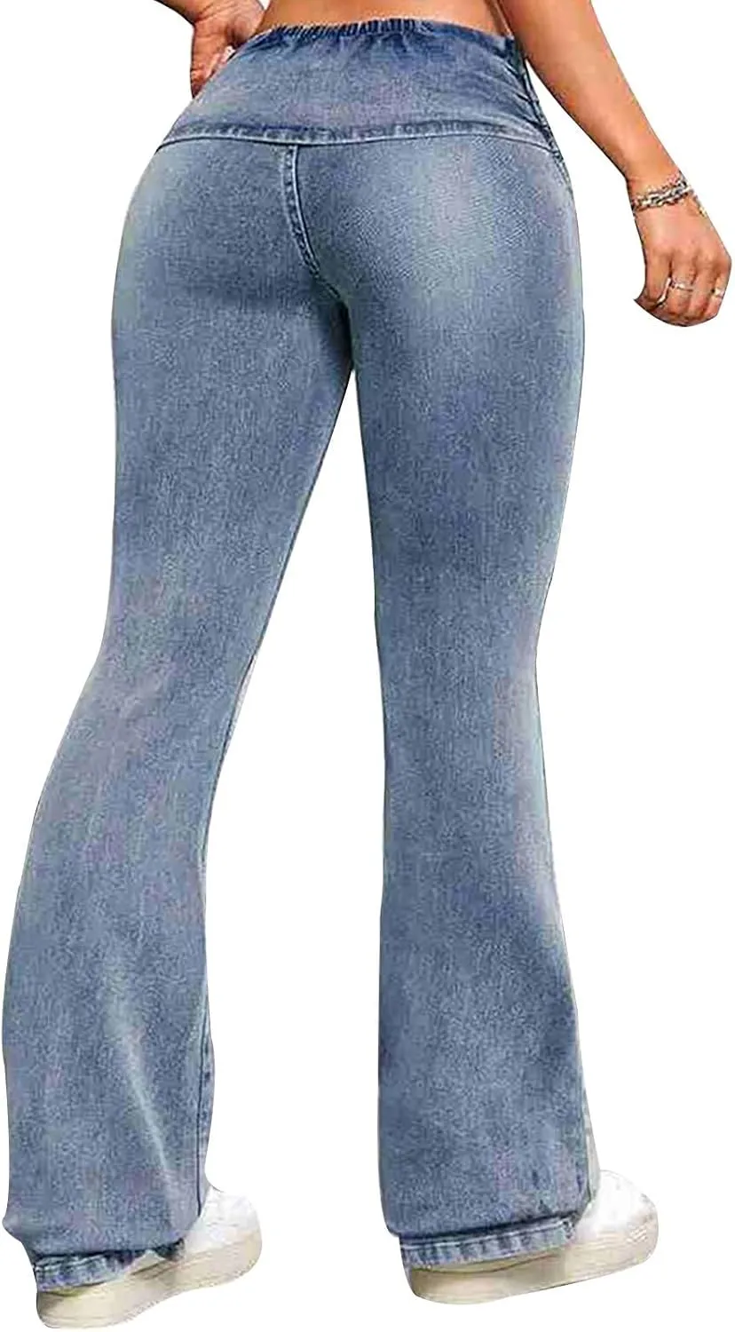 Flare Jeans for Women Fashion High Waist Button Denim Pants Casual Stretch Bootcut Jeans Skinny Bell Bottom Jeans