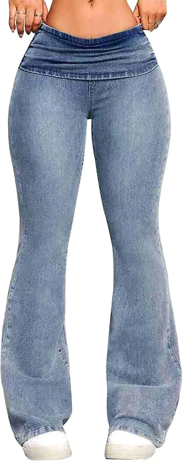 Flare Jeans for Women Fashion High Waist Button Denim Pants Casual Stretch Bootcut Jeans Skinny Bell Bottom Jeans