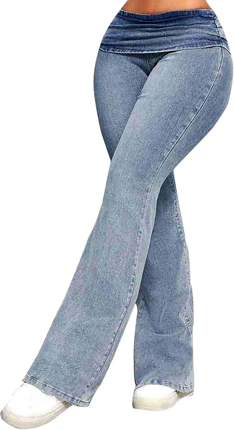 Flare Jeans for Women Fashion High Waist Button Denim Pants Casual Stretch Bootcut Jeans Skinny Bell Bottom Jeans
