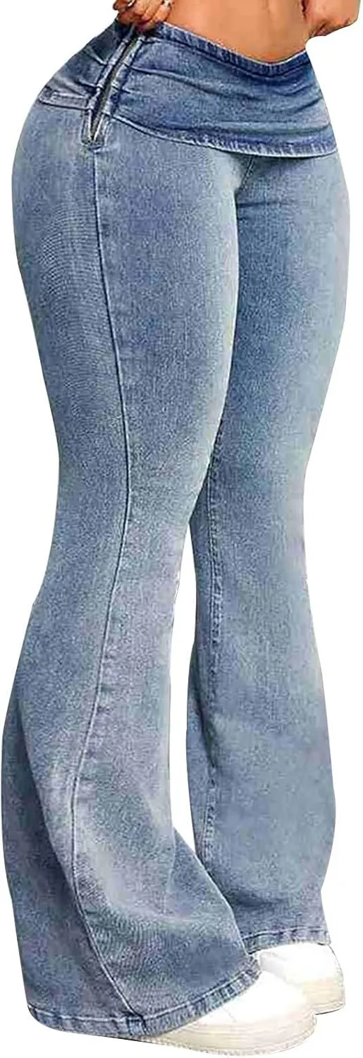 Flare Jeans for Women Fashion High Waist Button Denim Pants Casual Stretch Bootcut Jeans Skinny Bell Bottom Jeans