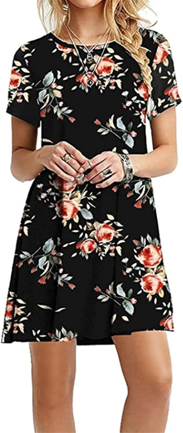 FLITAY Womens Casual Floral Simple Dress Loose Tunic T-Shirt Dress Summer Beach Flowy Dress