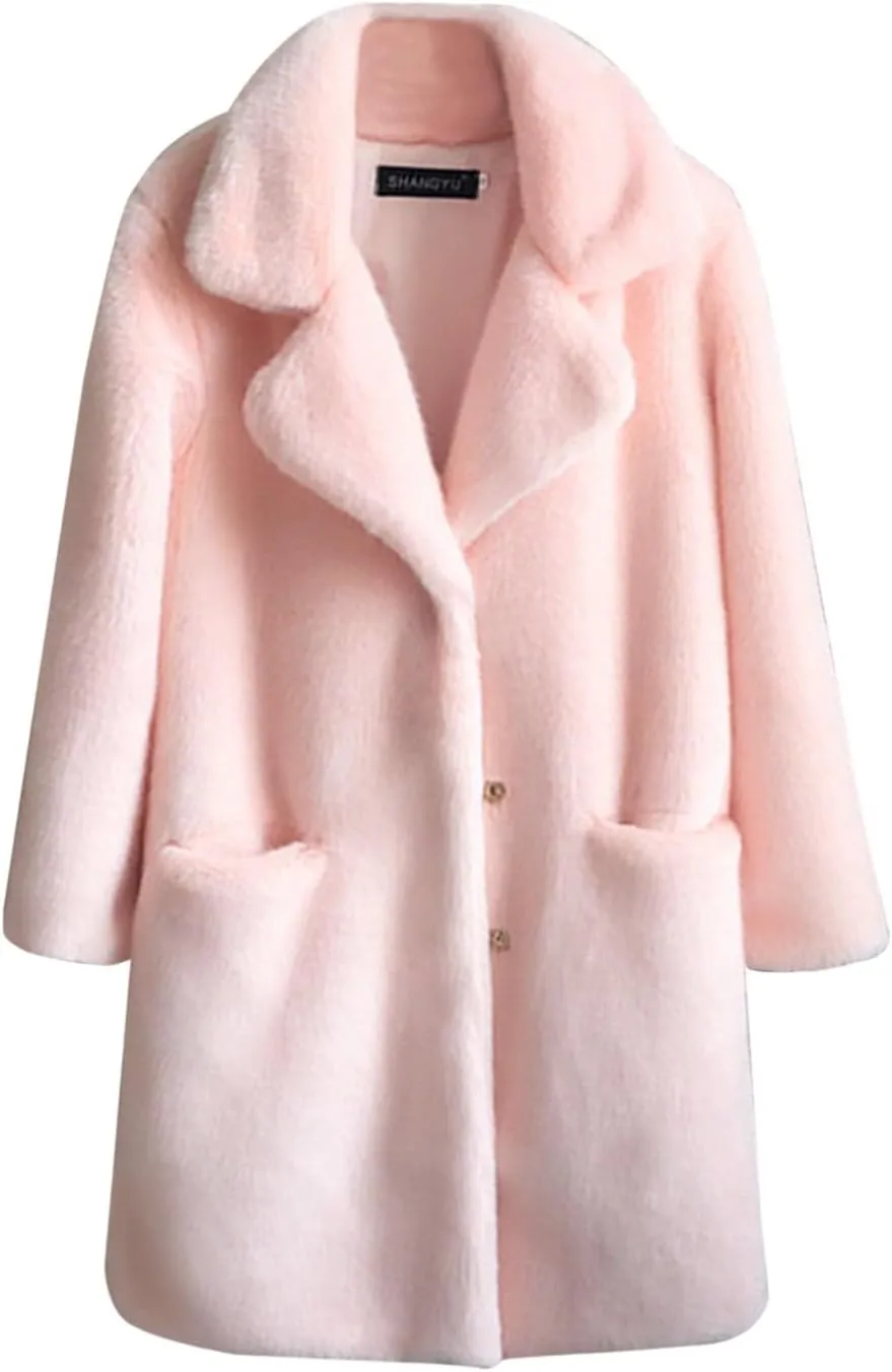 Fuzzy Jackets Women 2024 Winter Long Sleeve Warm Button Down Trench Coat Soft Fleece Oversized Outwear Pocket Overcoat