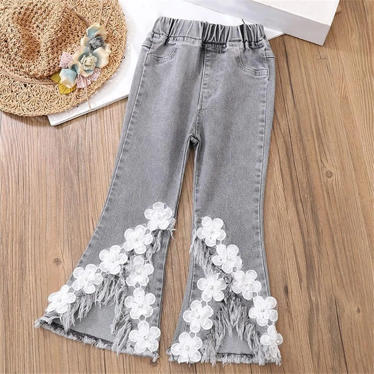 Girls Bell Bottom Jeans Skinny Flared Jeans Girls Casual Flower Pants Girls Jeans