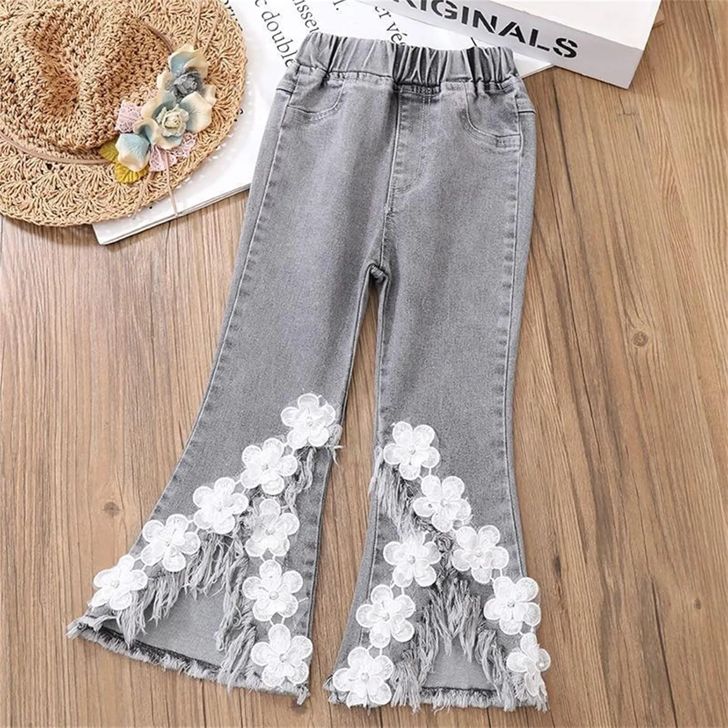 Girls Bell Bottom Jeans Skinny Flared Jeans Girls Casual Flower Pants Girls Jeans