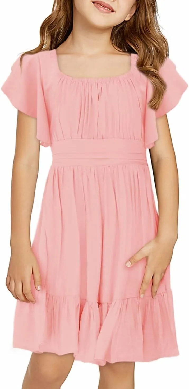 Girls Elegant Ruffle Short Sleeve Back Tie Dresses 6-13 Years Old