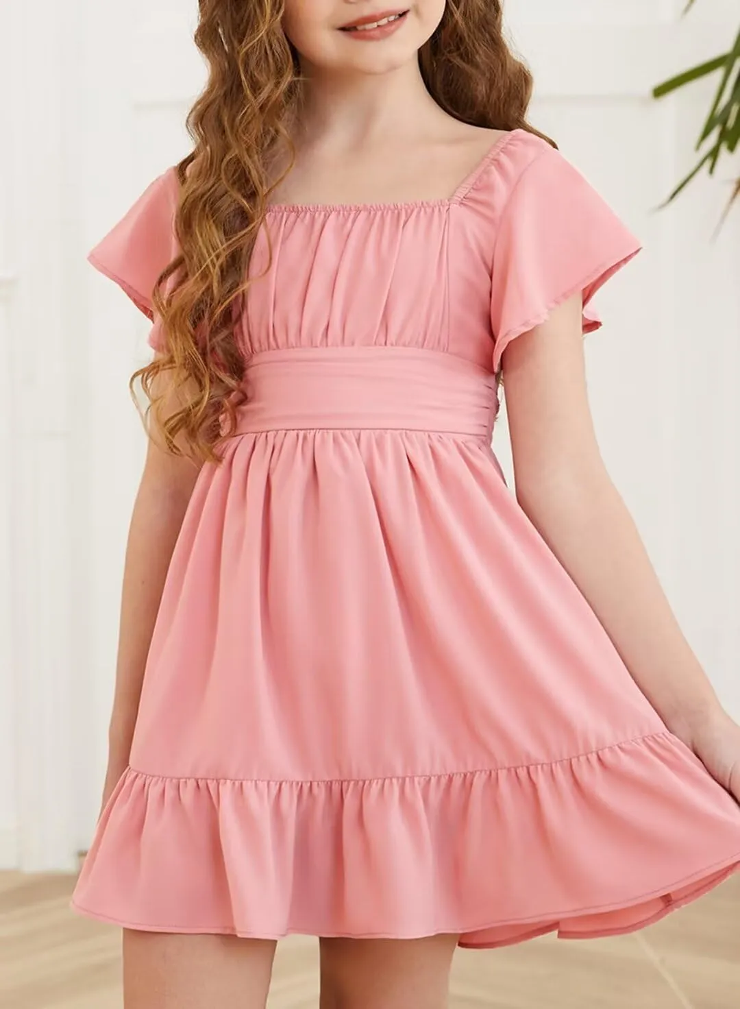 Girls Elegant Ruffle Short Sleeve Back Tie Dresses 6-13 Years Old