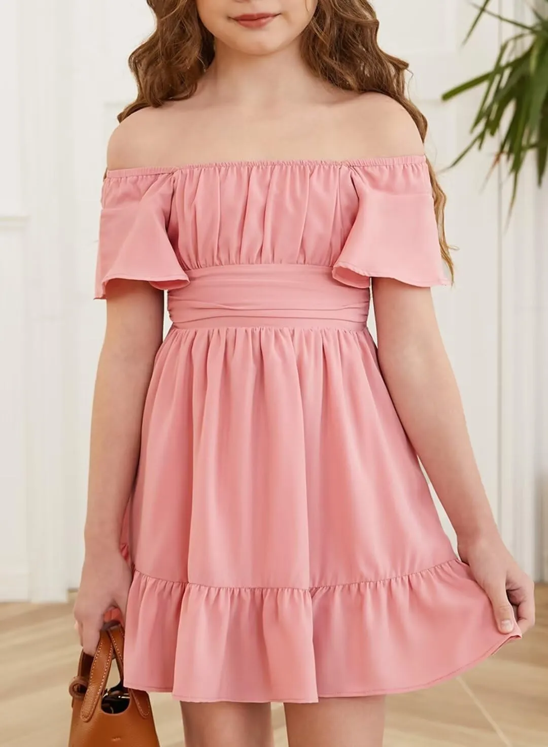 Girls Elegant Ruffle Short Sleeve Back Tie Dresses 6-13 Years Old