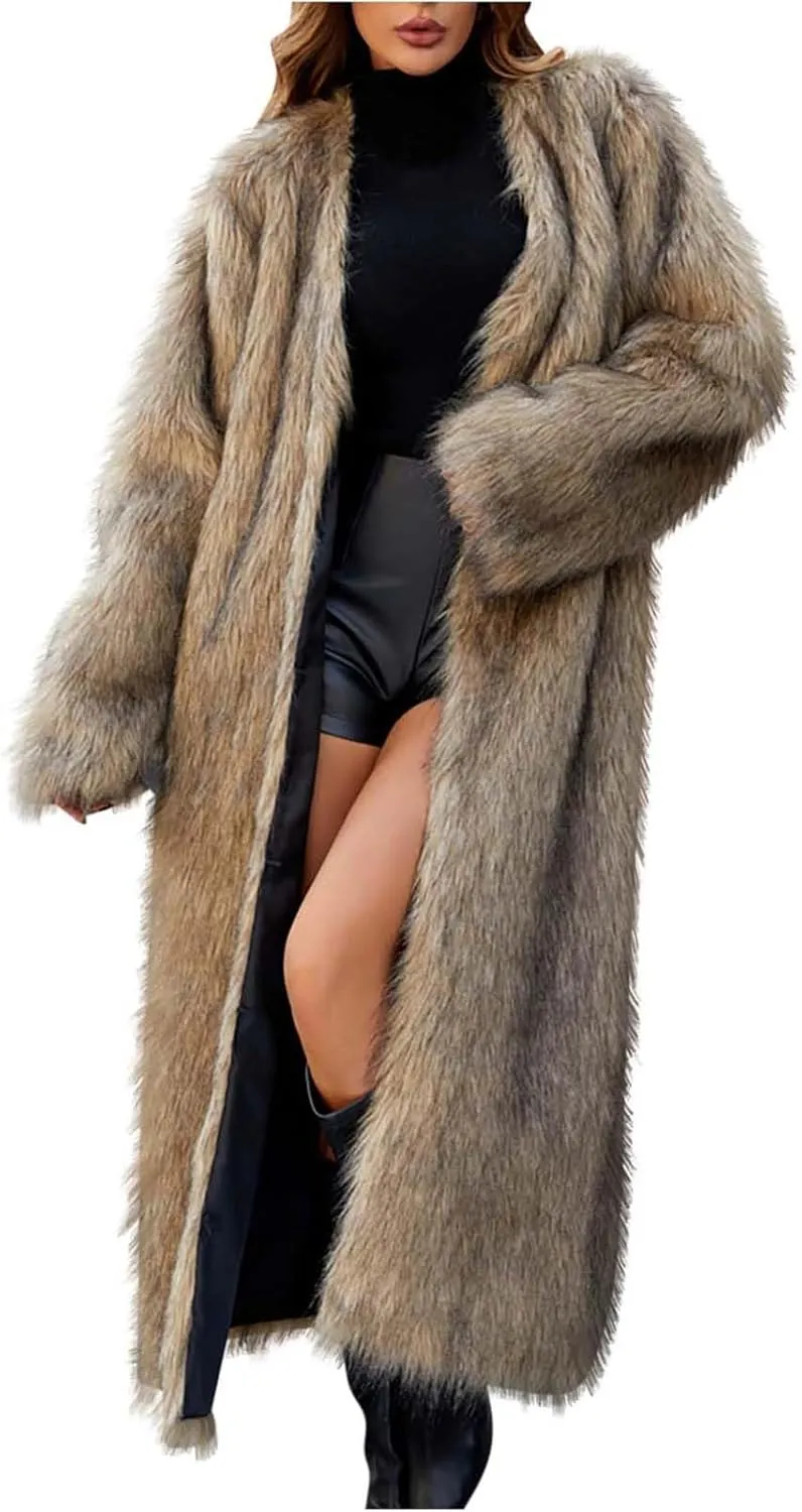 HGps8w Women's Faux Fur Winter Coats Open Front Warm Outerwear Long Cardigan Fluffy Soft Long Sleeve Overcoat Jackets